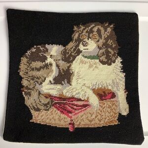 Vintage Accent Pillow Cover King Charles Cocker Spaniel Handcrafted Needlepoint
